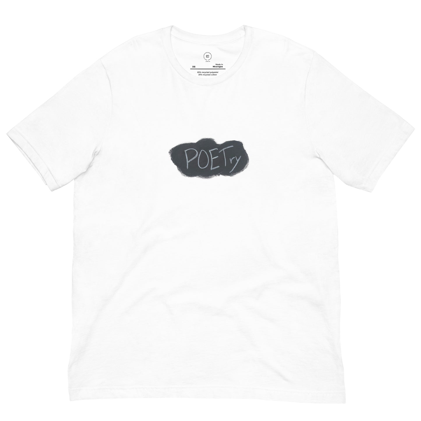 close up image of a short sleeve white t-shirt with a black and white hand drawn image