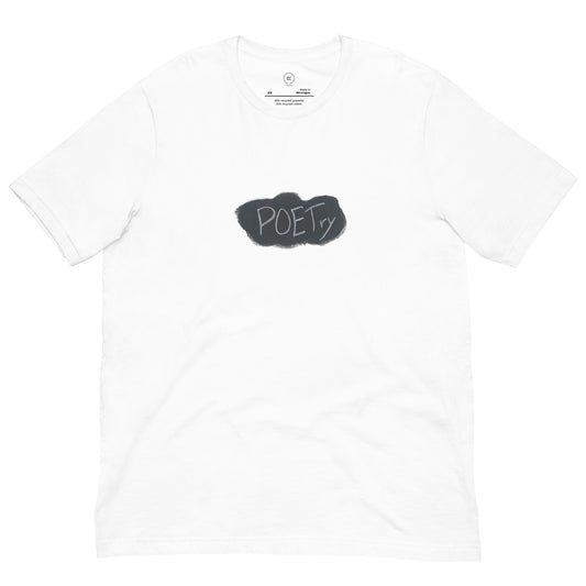 close up image of a short sleeve white t-shirt with a black and white hand drawn image