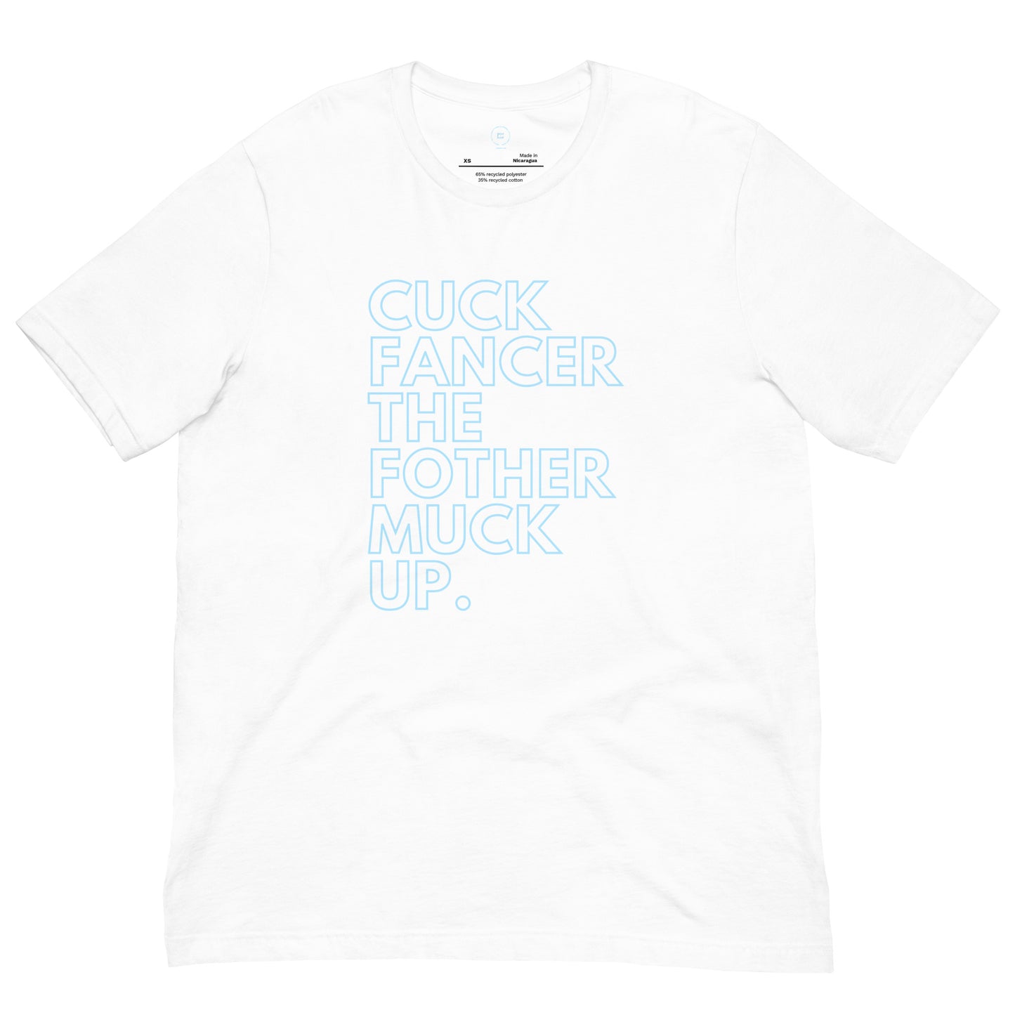 white tee shirt with sky blue hollow letters