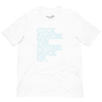 white tee shirt with sky blue hollow letters