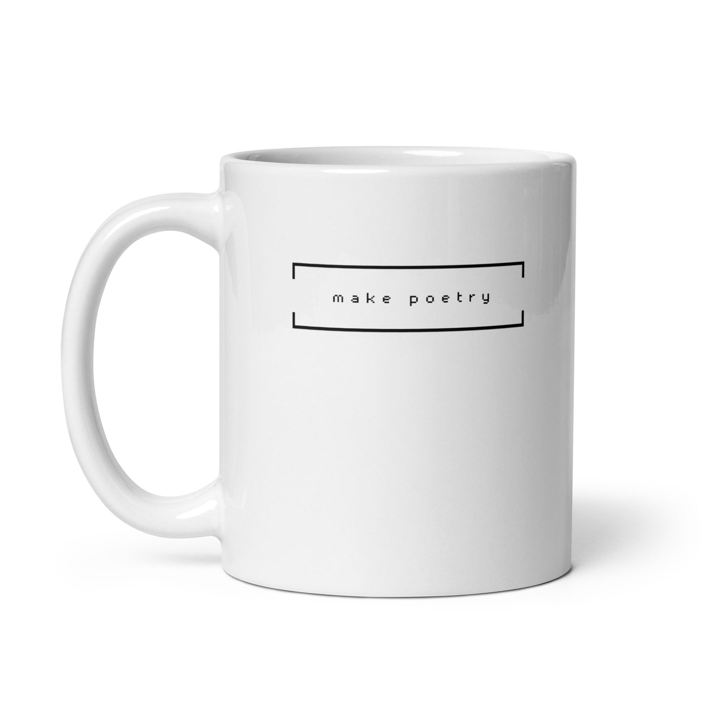 close up image of a white mug that reads "make poetry"