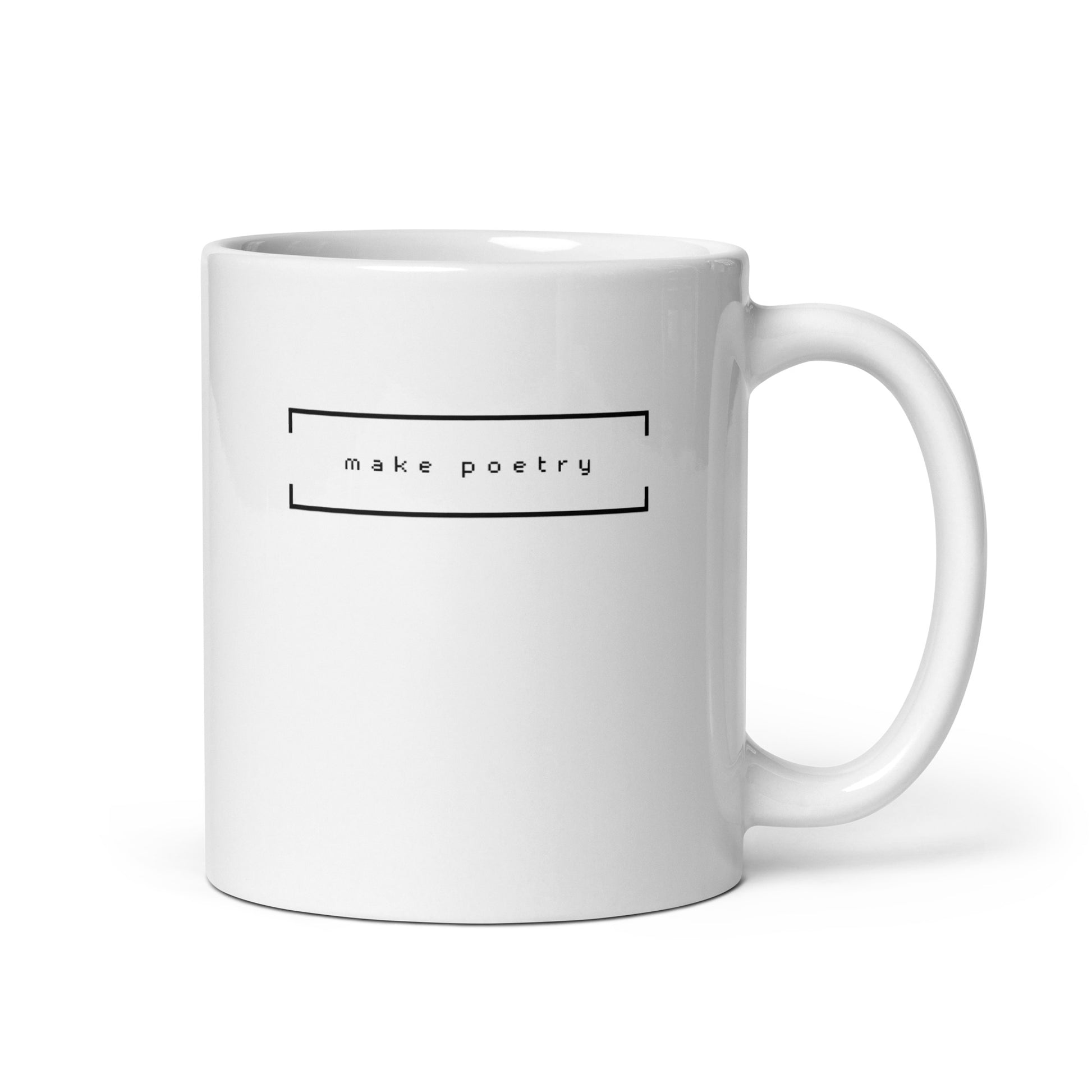 close up image of a white mug that reads "make poetry"